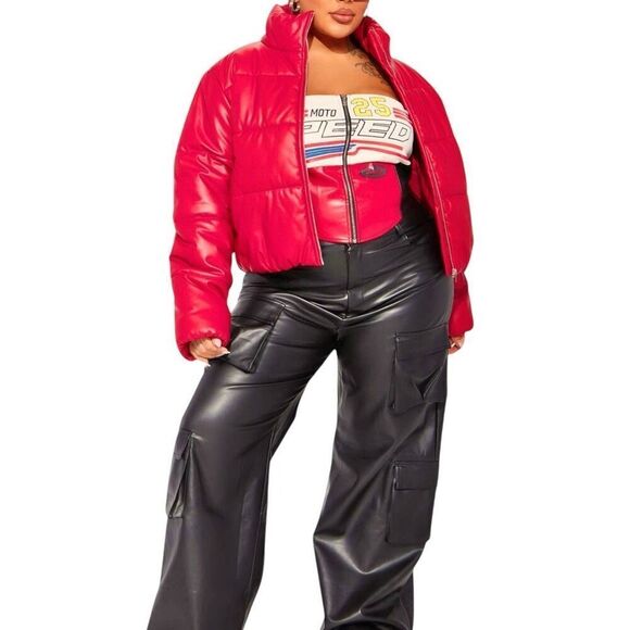 FASHION NOVA NWT Vixen faux leather puffer jacket in Red Size L - Picture 4 of 7